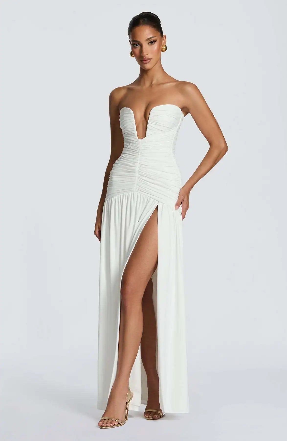 Elegant Lady Solid Maxi Dress Sleeveless Off Shoulder Deep V-neck High Split Pleated Satin Gown 2026 Women New Dinner Party Wear