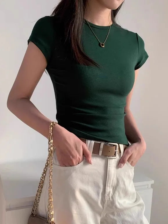 Green Slim Fit Short Sleeve T-Shirt Women's Summer New Style Pure Cotton round Neck Body Shaping Slimming Commute Style Korea...