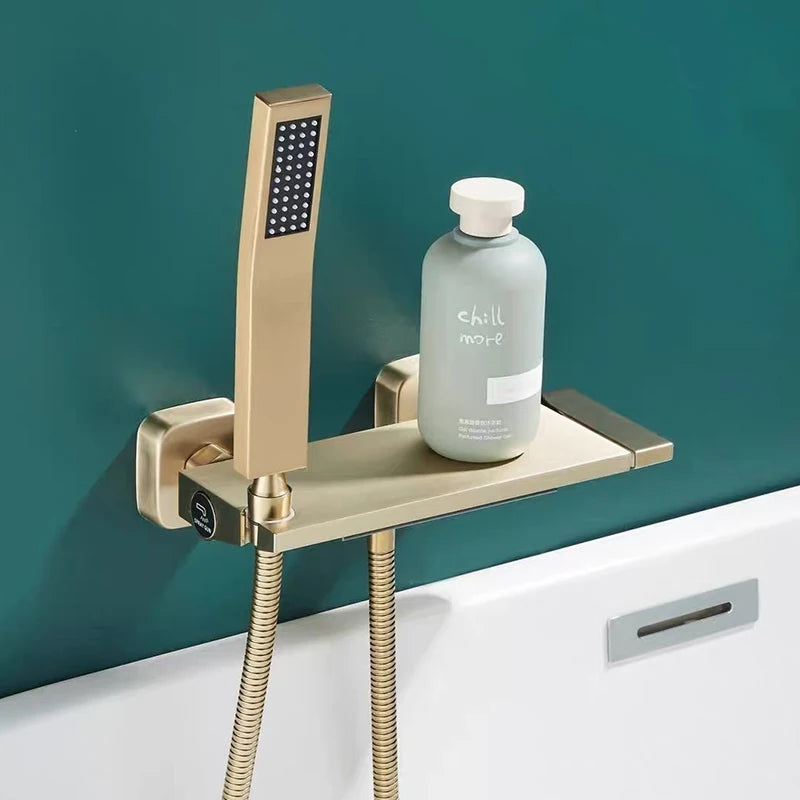 Brushed Gold Waterfall Bathtub Shower Faucet Set Bathroom Bathtub Mixer Taps Hot and Cold Shower Faucet Wall Mounted Bathtub Tap