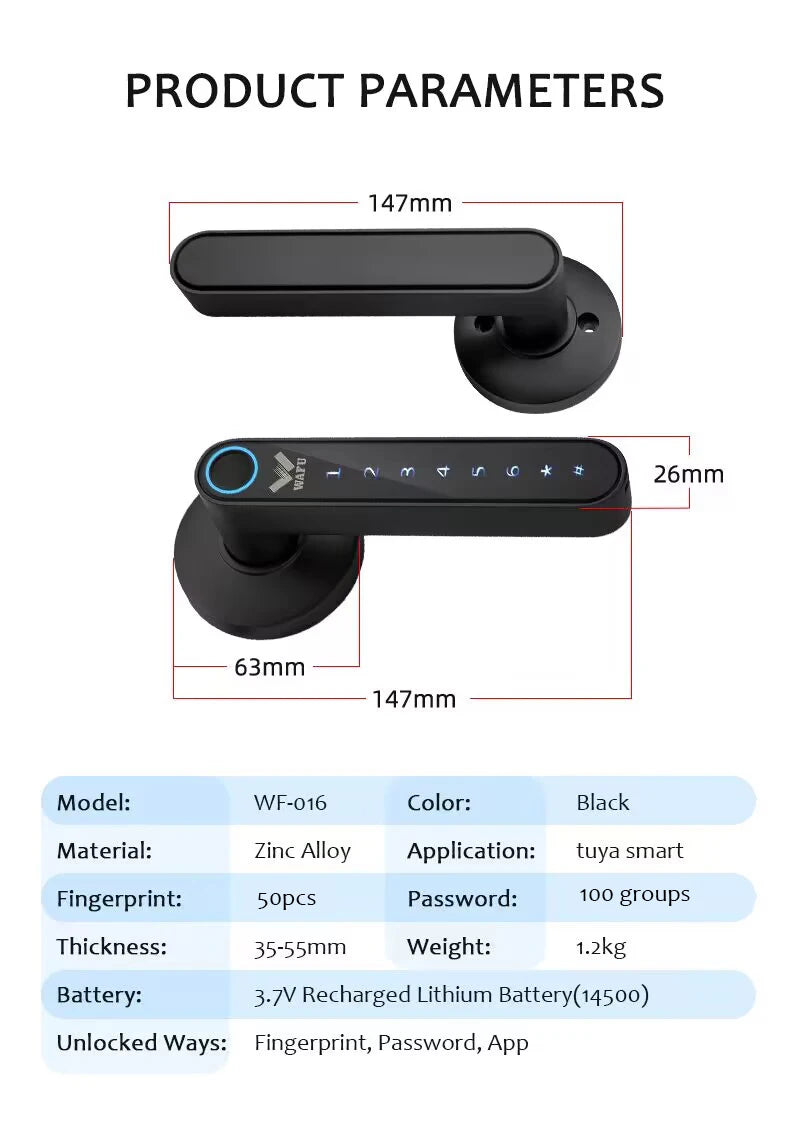 Multiple Unlocked ways with Phantom Password Fingerprint Free Tuya Smart Management APP HandleDoor Lock for Home Office Hotel