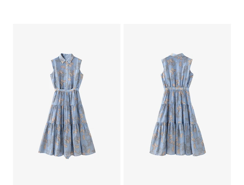 TOYOUTH Women Dress 2026 Summer New Blue Paisley Print Vintage Tank High Waist Tiered Cake Trendy Dresses