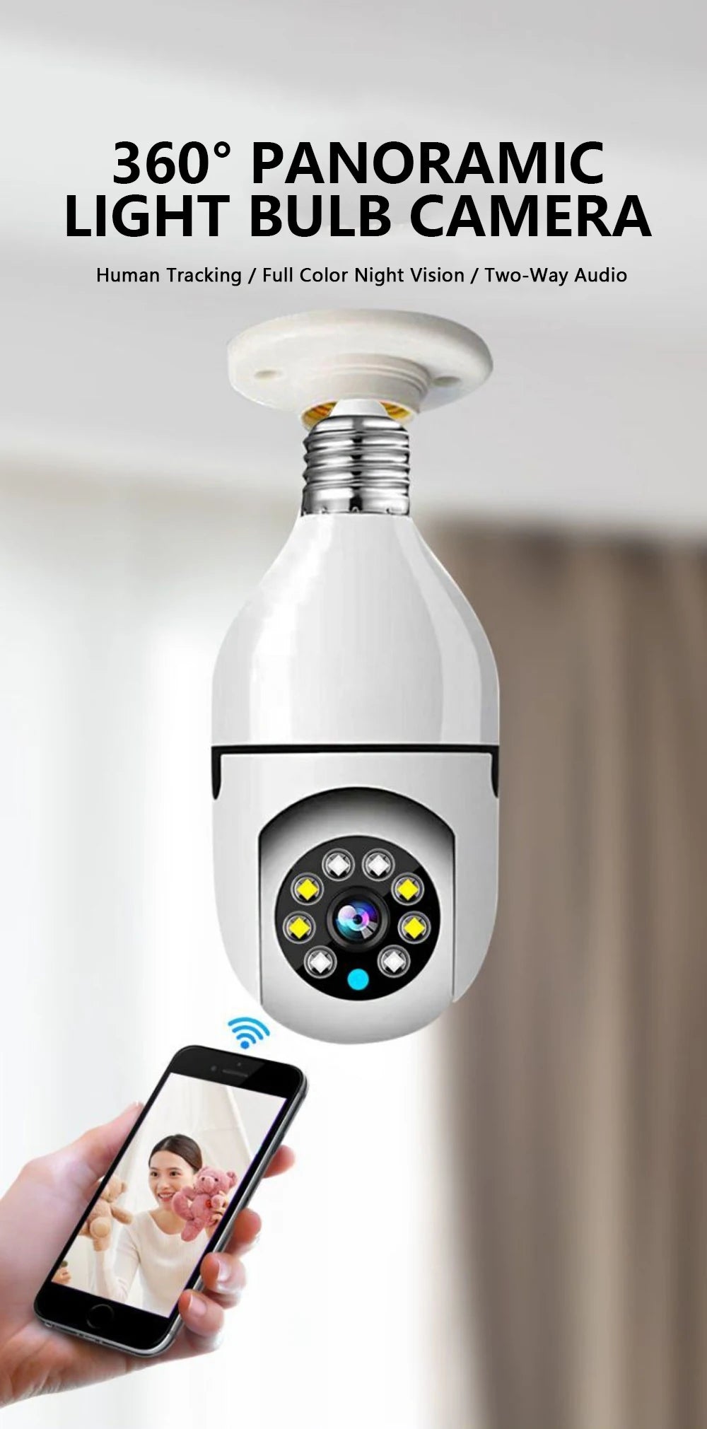 Smart Wireless Security Camera 2.4GHz WiFi, Plug & Play No Installation, Indoor Outdoor, Pet Monitoring for Home Travel Rental,