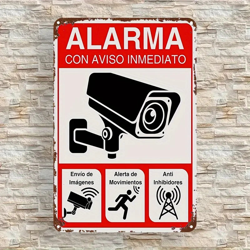 Security Camera Alarm Sign - Spanish Text Surveillance Plaque (ALARMA CON AVISO INmediato), Red/Black Security Camera Graphic
