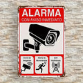 Security Camera Alarm Sign - Spanish Text Surveillance Plaque (ALARMA CON AVISO INmediato), Red/Black Security Camera Graphic