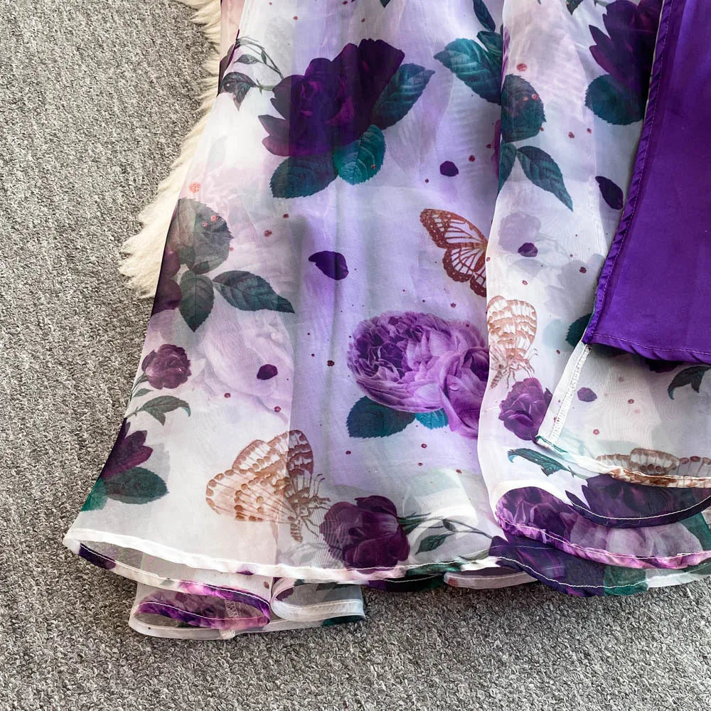 Spring Floral Series Holiday Dr Women's Summer High Waist Slim Fit Sexy Strapl Midi Length Belted Gown Korean Sle