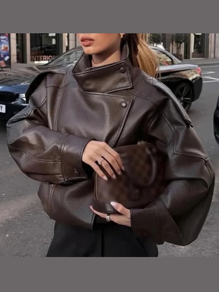 Fashion Black Faux Leather Short Jackets Women Retro High Neck Long Sleeve Oversized Coats Lady Autumn Winter Classic Streetwear