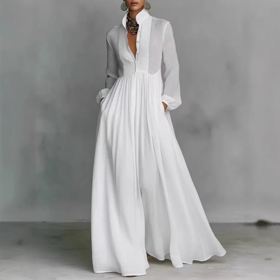 Elegant High Waist Swing Long Dress Woman Spring Solid Pockets Pleated Maxi Dress Spring Autumn Long Sleeve Button Evening Dress