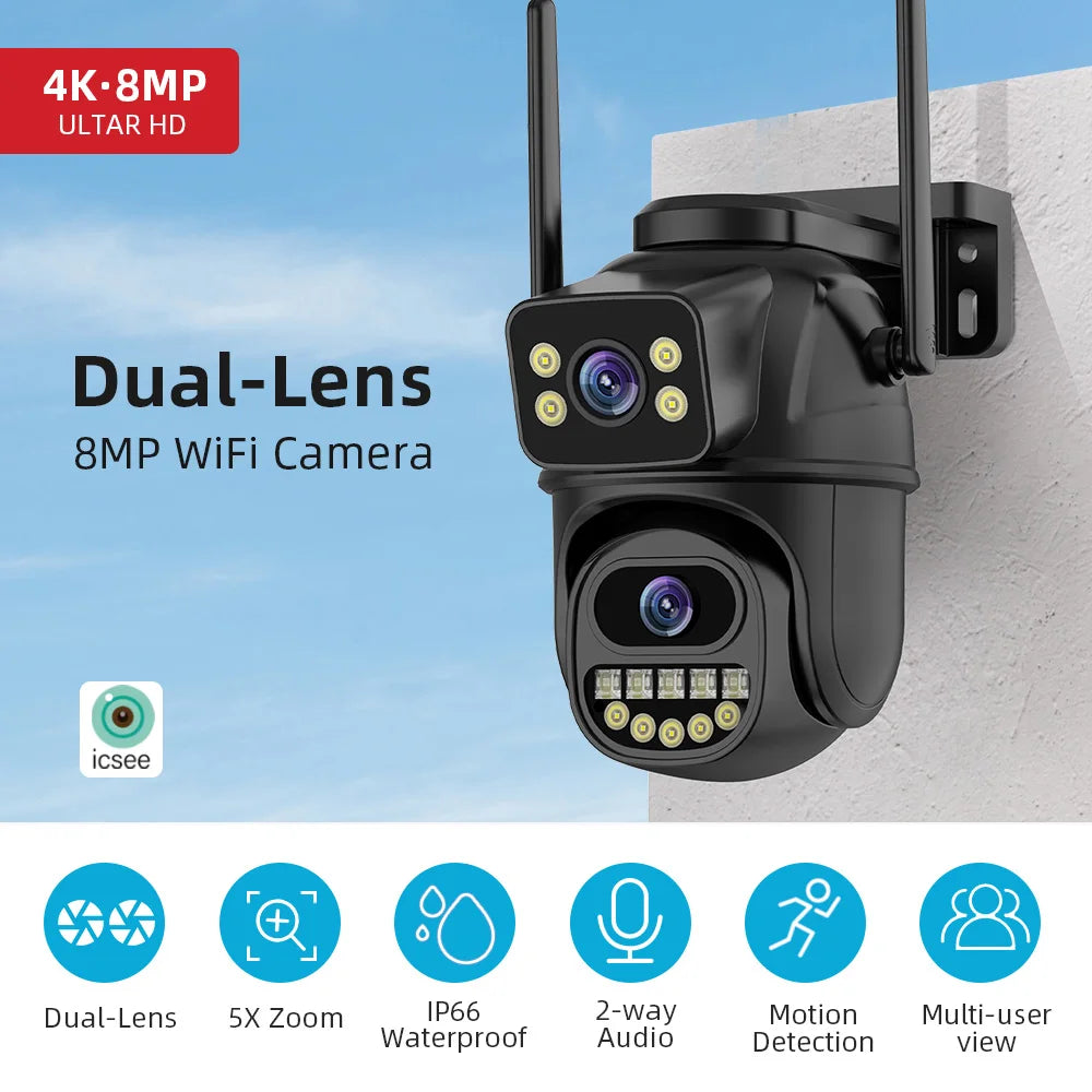 4K 8MP Security Camera 5X Zoom Dual Lens Dual Screen Outdoor WiFi Home Protection 6MP IP PTZ CCTV Video Surveillance Camera