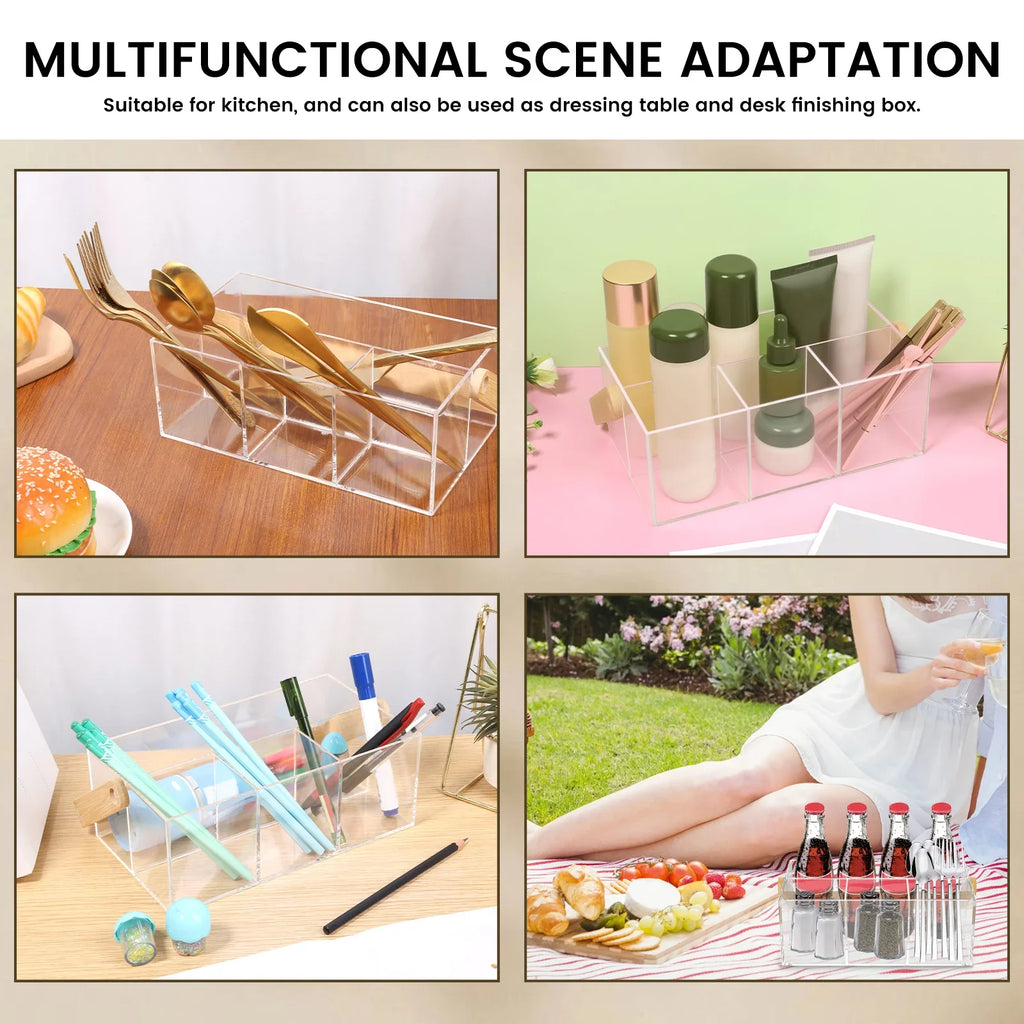 4 Grids Acrylic kitchen cutlery organizerTableware Plates Cutlery holder with Handle Multipurpose
Cosmetics stationery organizer