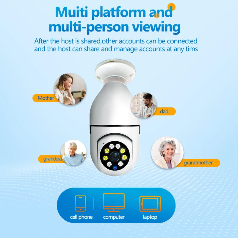 WiFi Security Camera E27 Bulb 8MP Wireless Baby Monitor AI Tracking Video Surveillance Pet Cameras Color Night Vision Indoor Cam