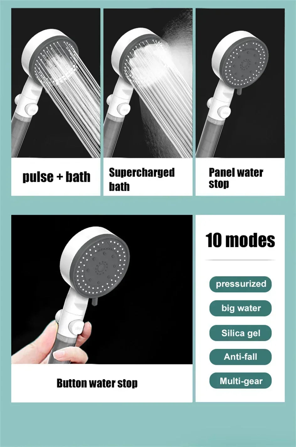 Bathing Showerhead Filtered Purify Water Filter One-Key on OFF Massage 10 Spray Modes High Pressure Shower Head Bath Accessory