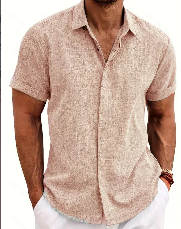 Men's Casual Beach Lightweight Linen Sve Shirt Color Standard Fit Short Sleeve Cleanfit PU Leather Inner Wear Pure Color