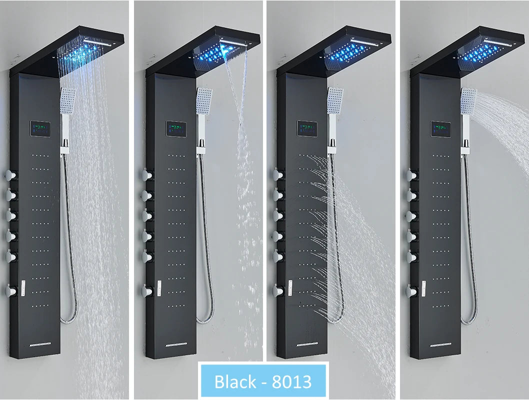 LED Shower Panel Tower System Rain Waterfall Shower Column Hydroelectricity LCD Display With Massage Body Spa Bath Shower Faucet