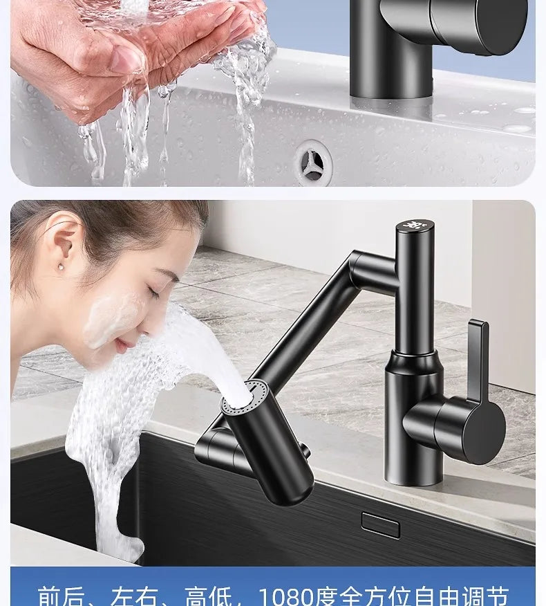 Stainless Steel Faucet Washbasin Bathroom Multi-functional Robotic Arm Universal Rotation for Hot and Cold Water Digital Display