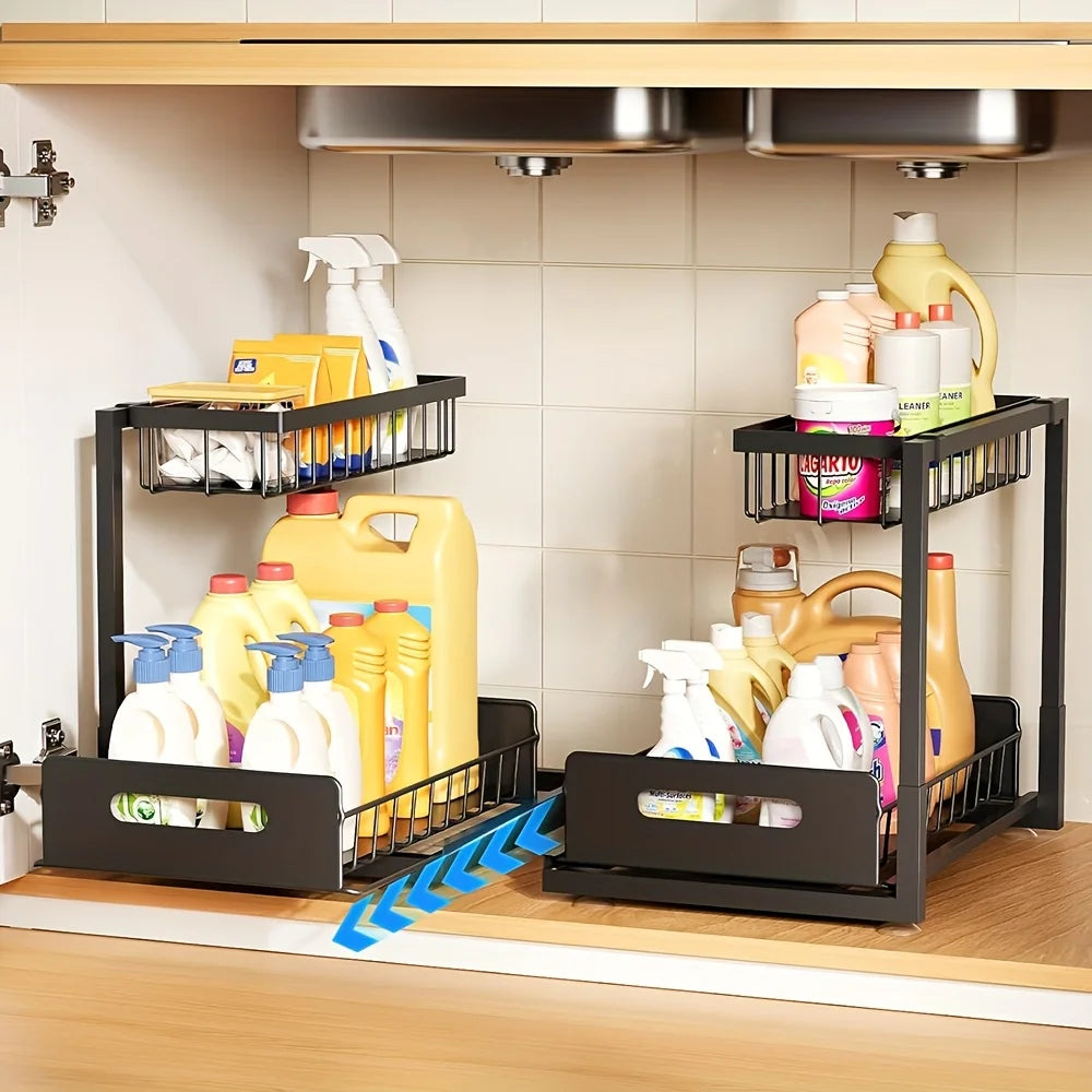 2-Tier Sliding Under Sink Organizer - Rustproof Metal Storage for Kitchen & Bathroom Cabinets,Ideal for Cleaning Supplies