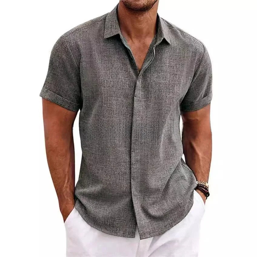 Men's Casual Beach Lightweight Linen Sve Shirt Color Standard Fit Short Sleeve Cleanfit PU Leather Inner Wear Pure Color