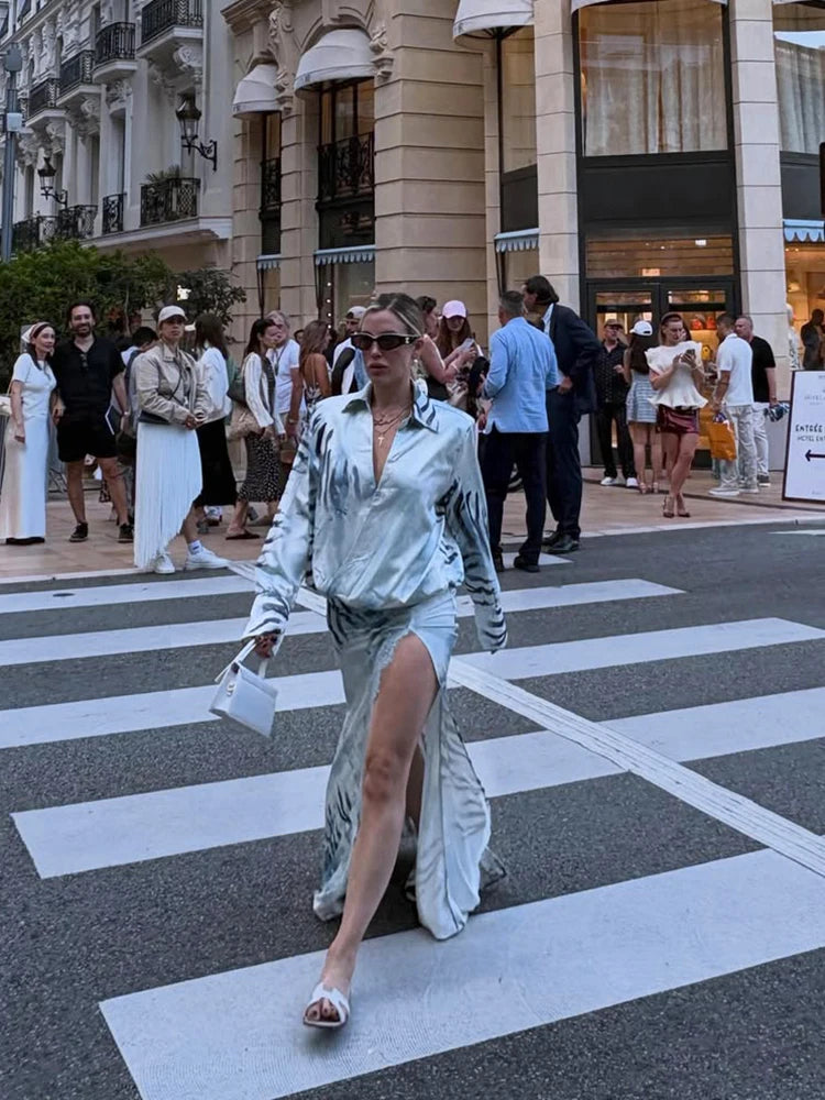 Fashion Printed Long Shirt Style Dress Women Full Sleeve Lapel Lace Patchwork High Split Dresses Female 2026 Autumn Lady Robe