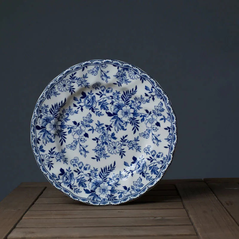 European Ceramic Dinner Plate Set Blue and White Porcelain Decorative Breakfast Plates Retro Hand Painted Restaurant Steak Dish