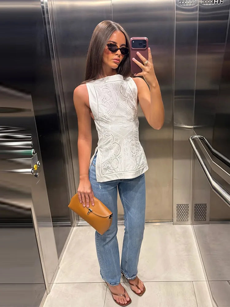 Lace Cutout Peplum Jacket Stand Collar Puff Sleeve Button Front Waist Cinched 2026 Summer Autumn Fashion Women Elegant Top