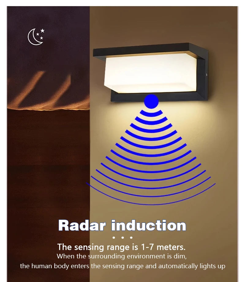 LED Outdoor Waterproof Wall Light 15W Radar Sensing Indoor Bedroom Living Room Outdoor Porch Wall Light Garden Decorative Light