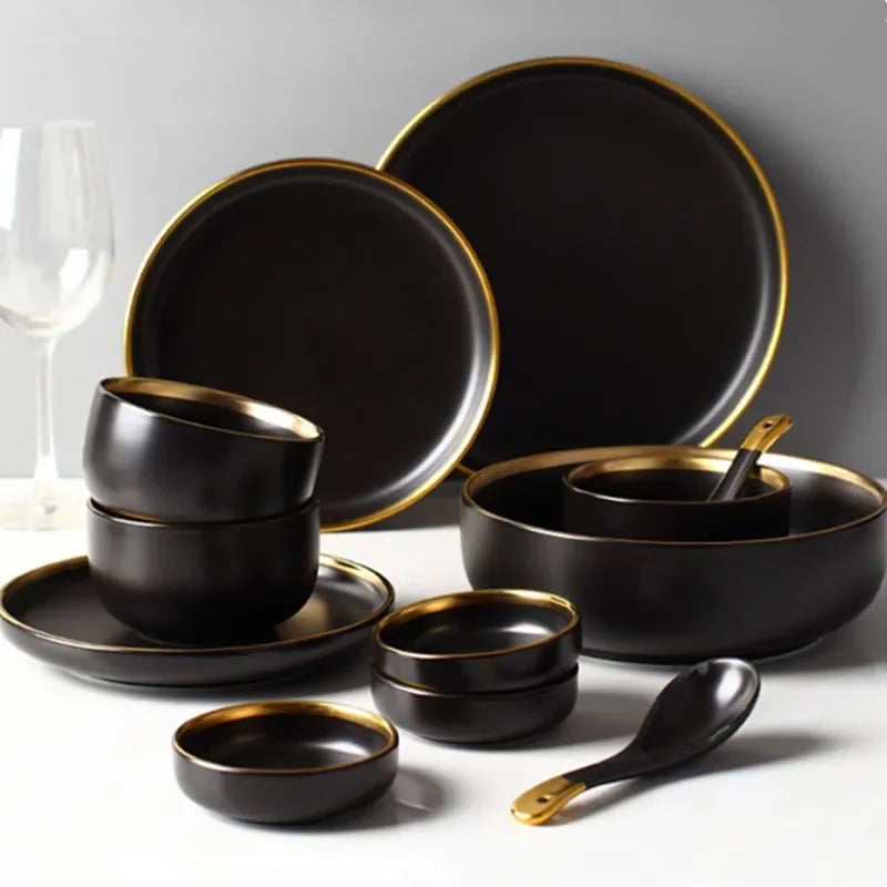 For1/ 4/6/8 Personal Black Porcelain Dinner Plates Set Ceramic Tableware Food Dishes Rice Salad Noodles Bowl Wiht Cutlery Set