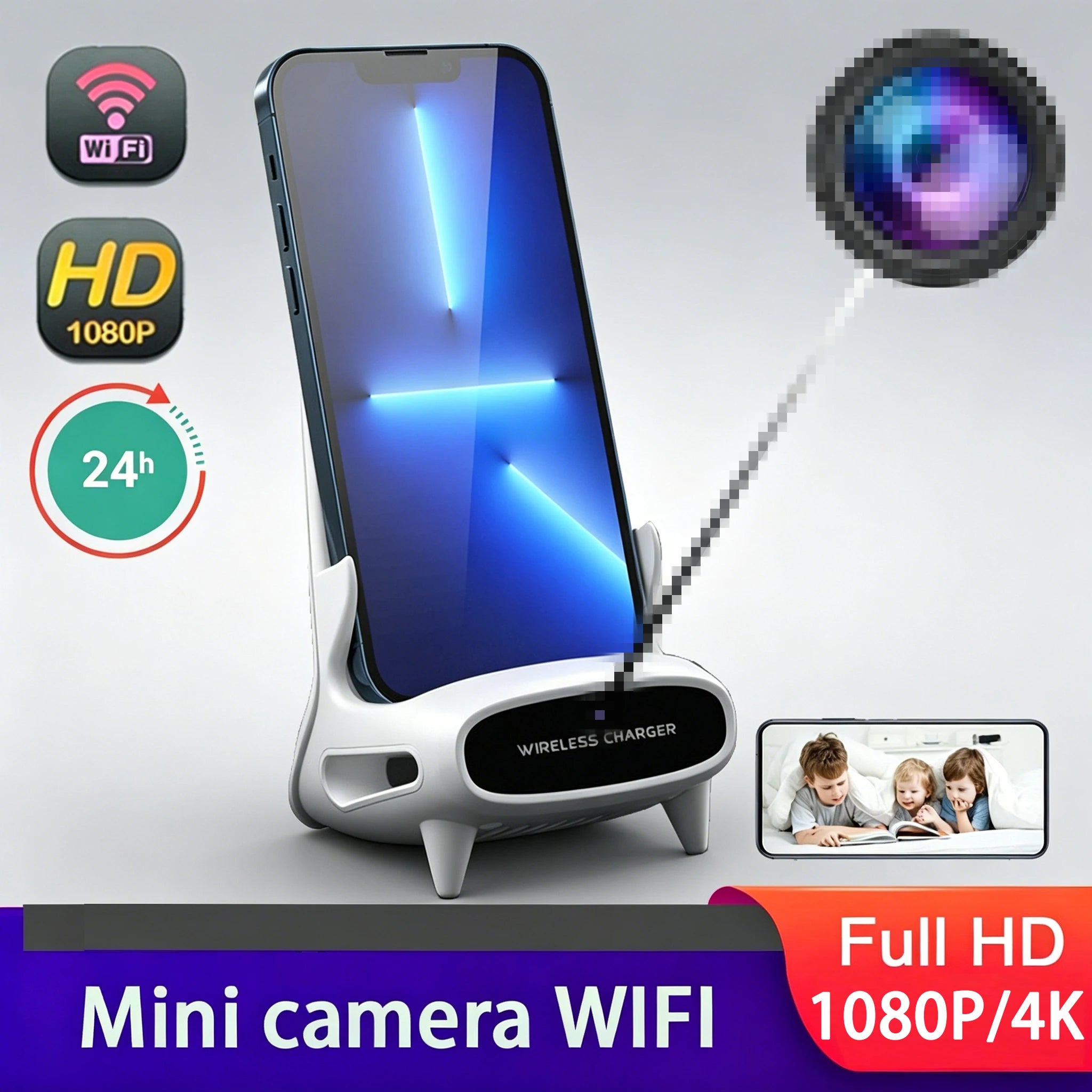 Mini Camera HD 1080P WiFi Camera Home motion detectionDVR Monitoring Video wireless charger 24-hour recording, no need for WIFI