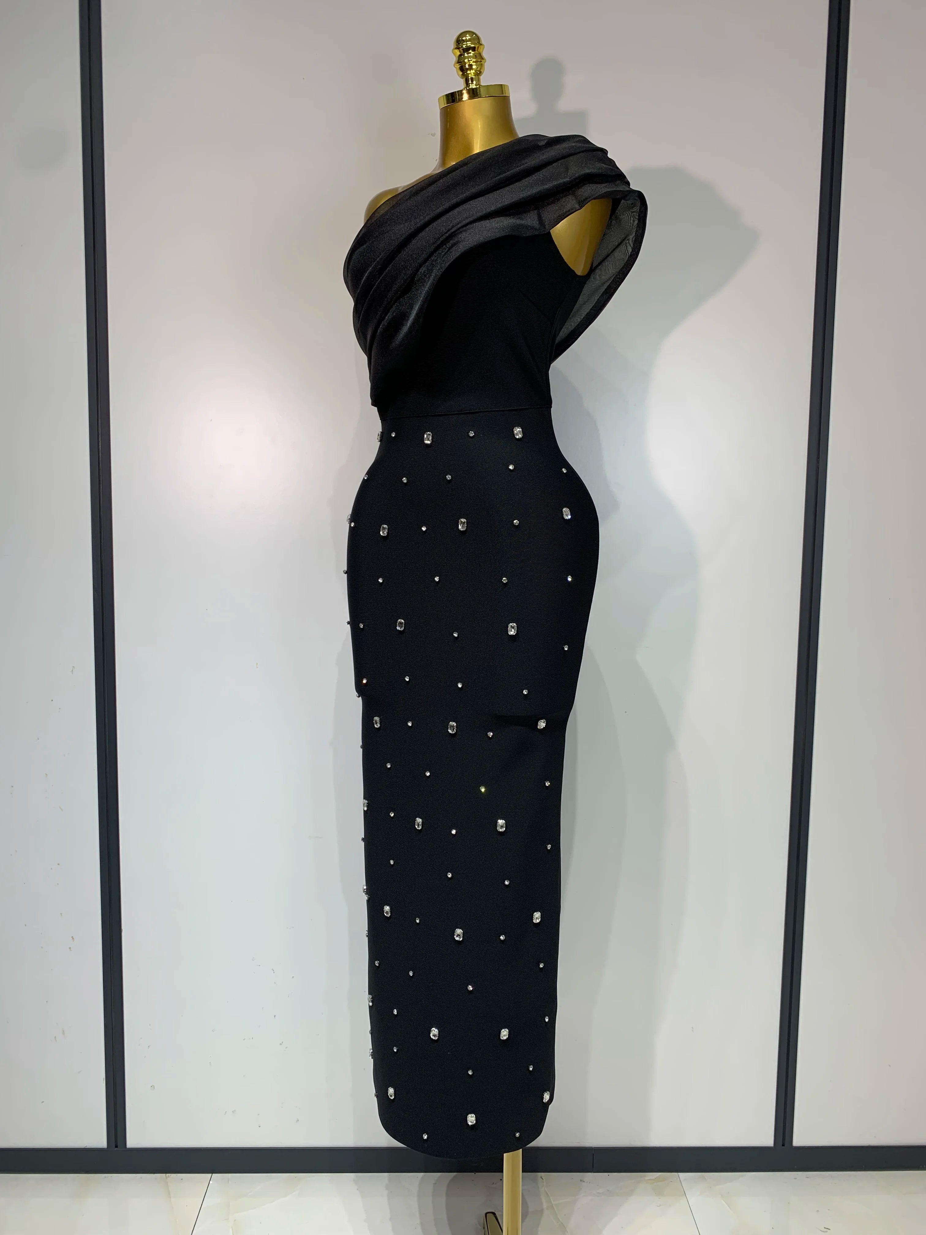 2025 Women Sexy One Shoulder Shinning Crystal Bodycon Bandage Long Dress Celebrate Festival Fashion Evening Party Luxury Dress