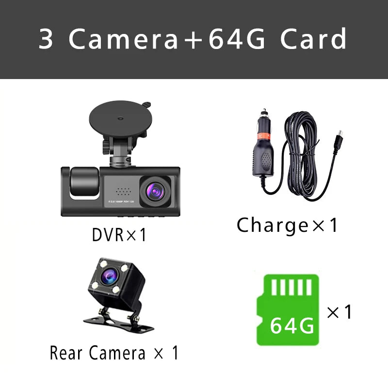 3 Channel Dash Cam HD 1080P 3-Lens Inside Vehicle  Car DVR Three Way Camera DVRs Recorder Video Registrator Dashcam Camcorder