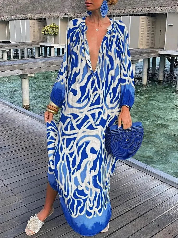 Autumn Women's Print Casual Dress New Fashion V-neck Long Sleeve Loose Holiday Party Long Dresses For Women Robe Femme 2024