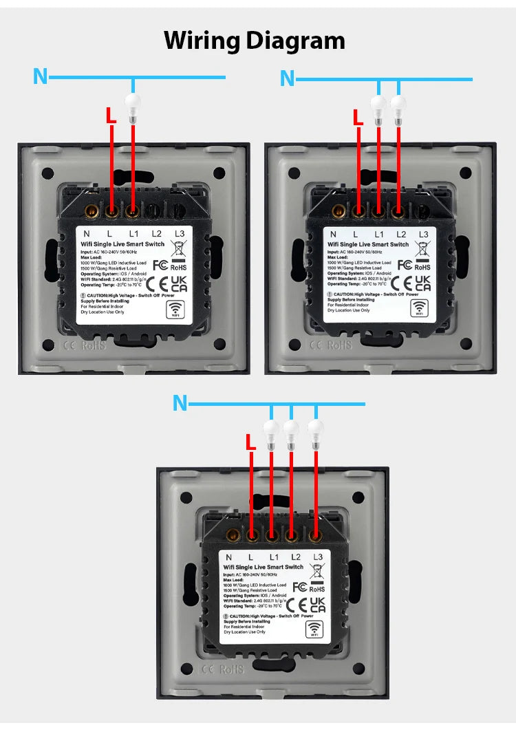 TAWOIA Wifi Touch Light Switches 1/2/3/4Gang Smart Wall Switch Tuya Smart Life Alexa Voice Control With Capacitor L/N1000W
