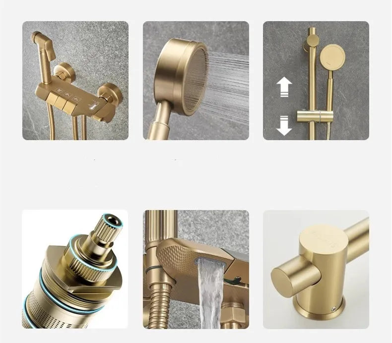 Tuqiu Brushed Gold Bathroom Shower Faucet Set Wall Mounted Shower Faucet, Bathroom Cold and Hot Bath and Shower Mixer Taps Brass
