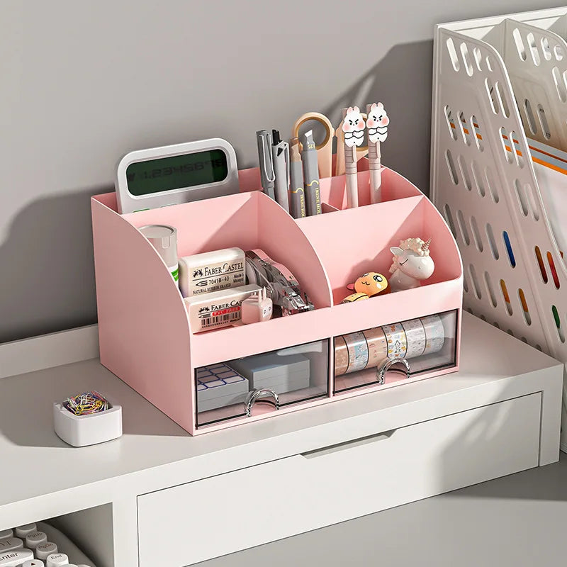 Desk Organizer with 2 Drawers, Multi-Compartment Plastic Desktop Storage Box for Stationery, Makeup & Office Supplies