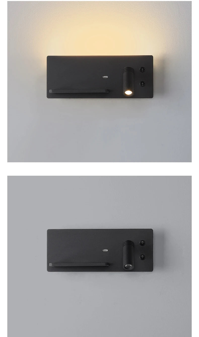 Multi functional wall lamp with switch, USB interface, LED mobile phone wireless charger, reading wall lamp, bedroom night light