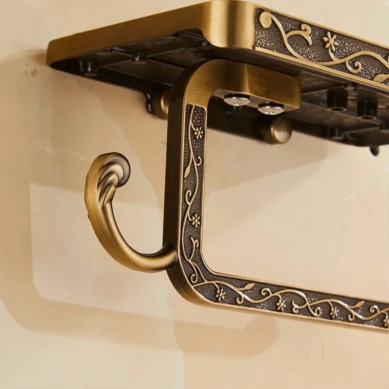 1Pc Antique Carved Wall-Mounted Zinc Alloy Bathroom Mobile Phone Holder with Shelf  Towel Rack Toilet Tissue Paper Holder