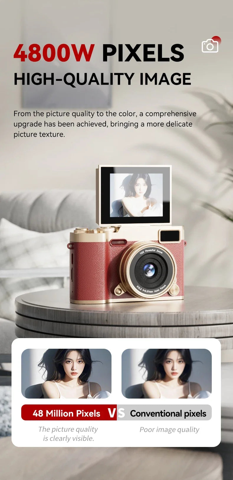 4K Flip Screen CCD Digital Camera 16X Zoom 1080P HD Vlogging Camera Travel Portable Digital Camera with Autofocus Beauty Filter