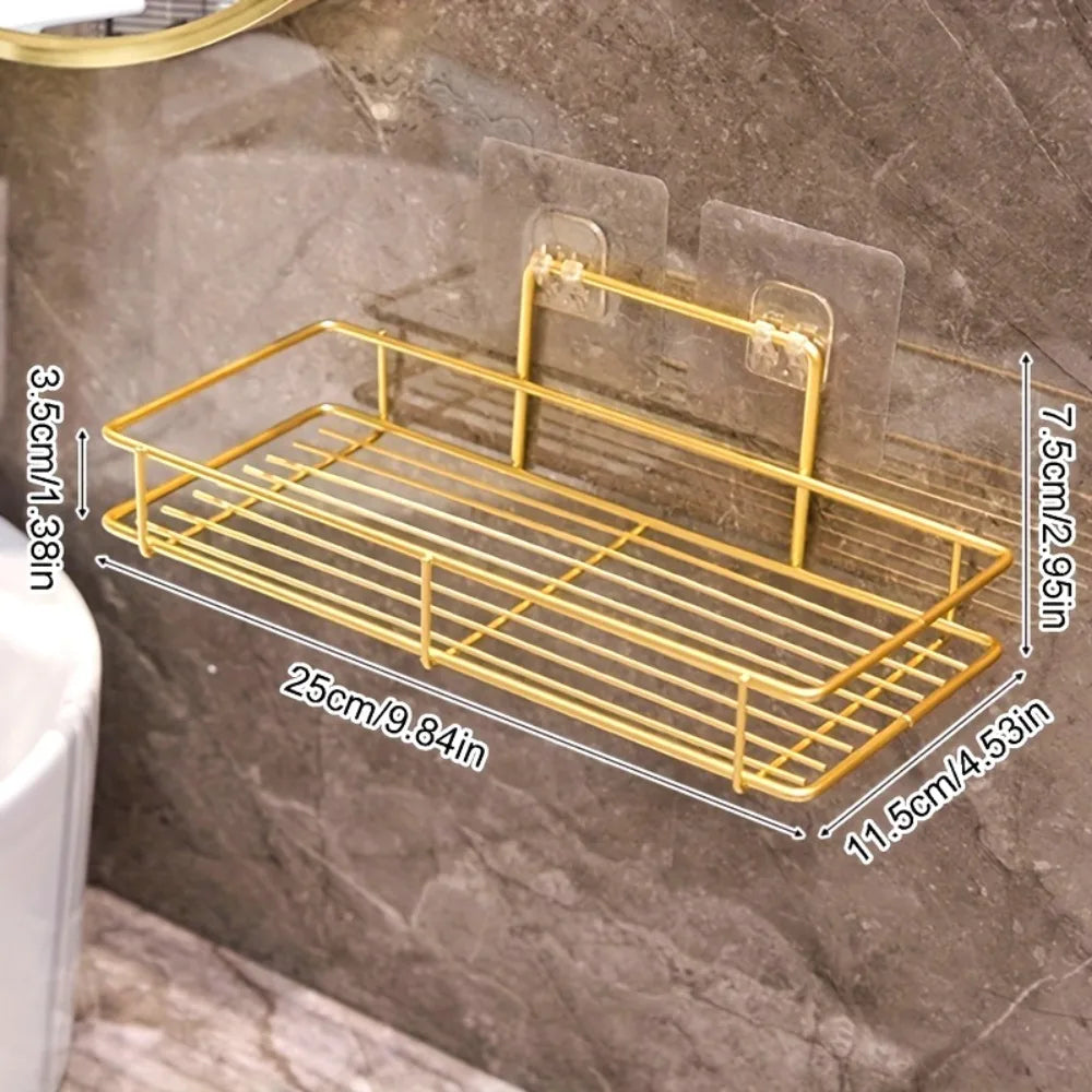 Wall Mounted Shelf No Drill Bathroom Storage Organizer Hanging Rack for Home Kitchen Metal Frame Shelves Bathroom Accessories