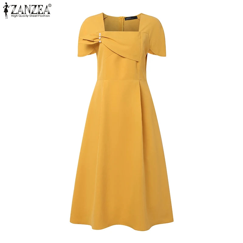 ZANZEA Elegant Chic Women A-Line Dresses Summer Fashion Square Neck Short Sleeve High Waisted Midi Robes Femme Office Vestidos