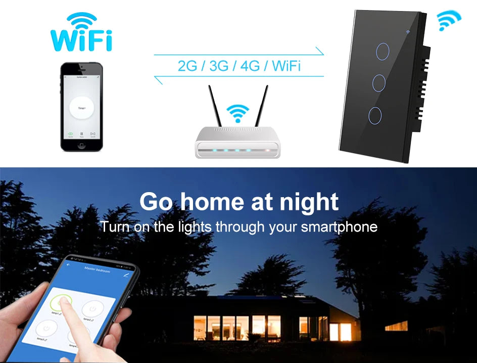 2 3 4 Gang 2 3 Way US Tuya Smart Wall Touch Light Switch for LED with No Neutral WiFi Glass Australia Brazil Android RoHS Alexa