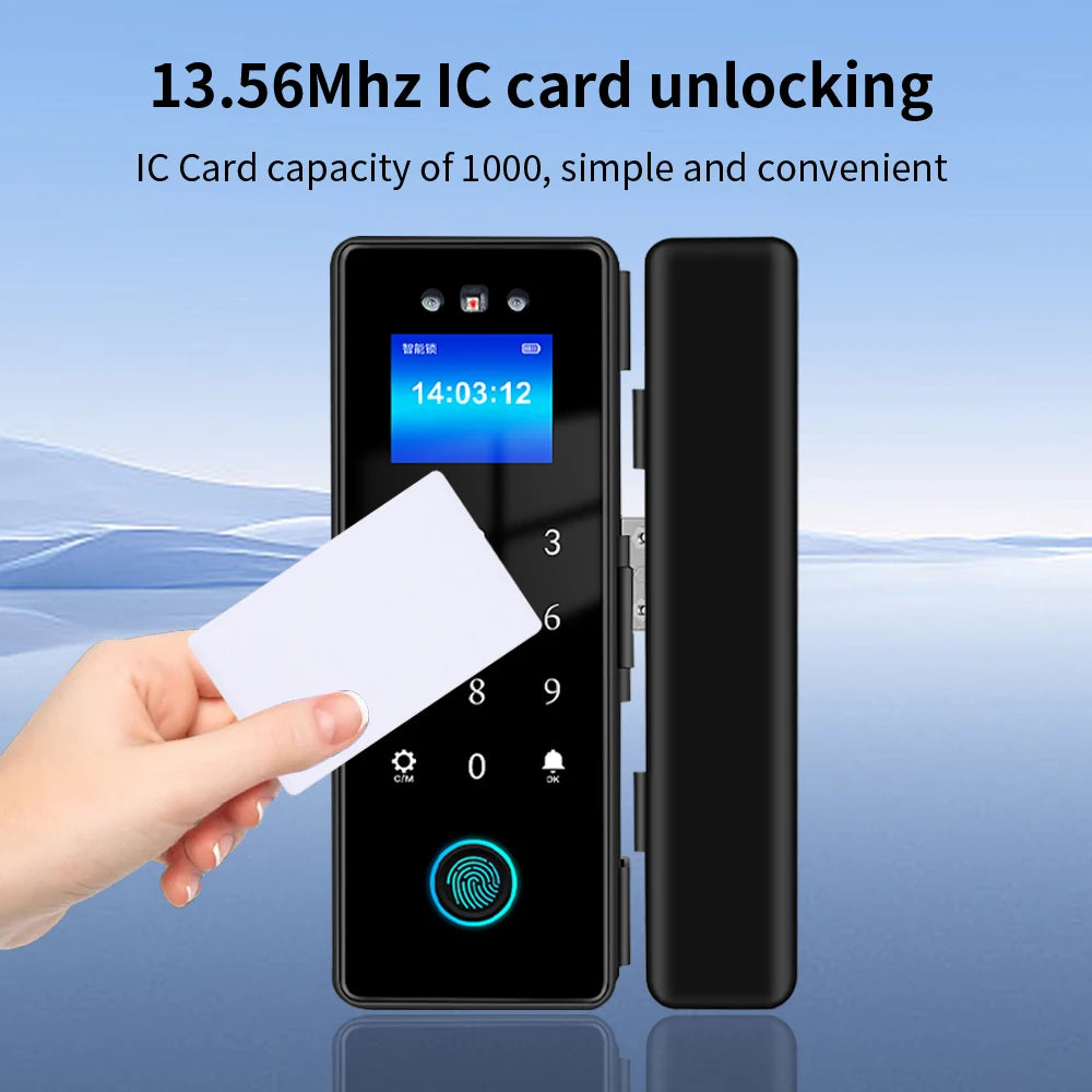 3D Face Tuya Wifi Electronic Smart Glass Door Lock With Biometric Fingerprint/RFID Card /Password Unlock/USB Emergency Charge