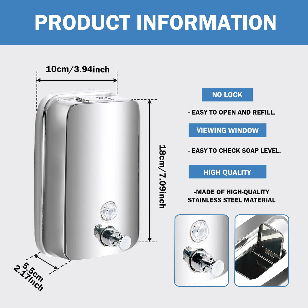 850ML/1050ML Stainless steel Wall Mount Soap Dispenser Bathroom Liquid Soap Detergent Shower Gel Storage Bottle Toilet Kitchen