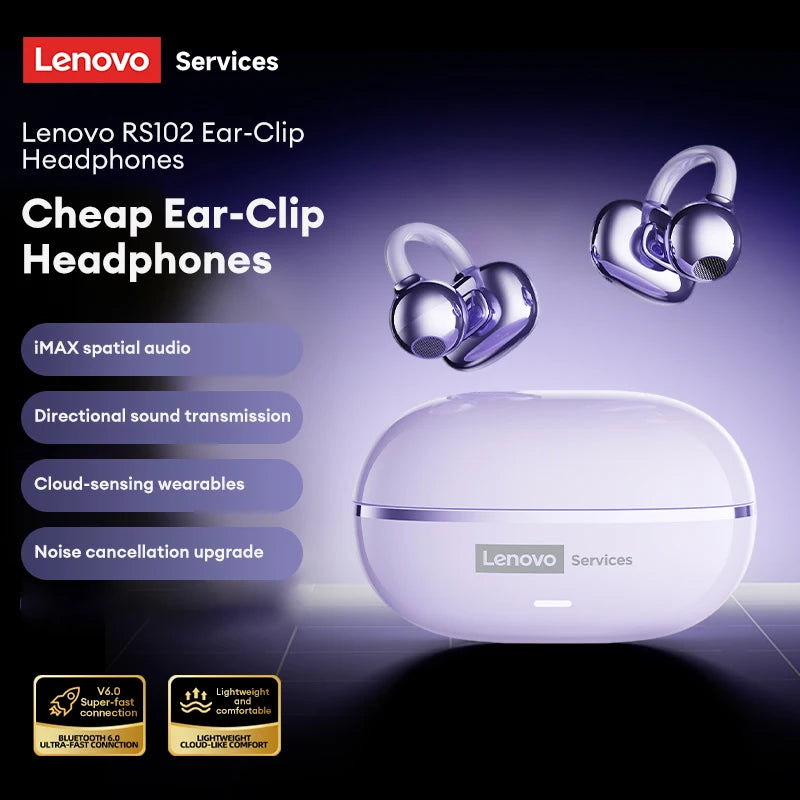 NEW Lenovo RS102 Open Ear Wireless Earphones Bluetooth 6.0 Clip On OWS Sports Headphones Ear Clip Earbuds Touch Control with Mic