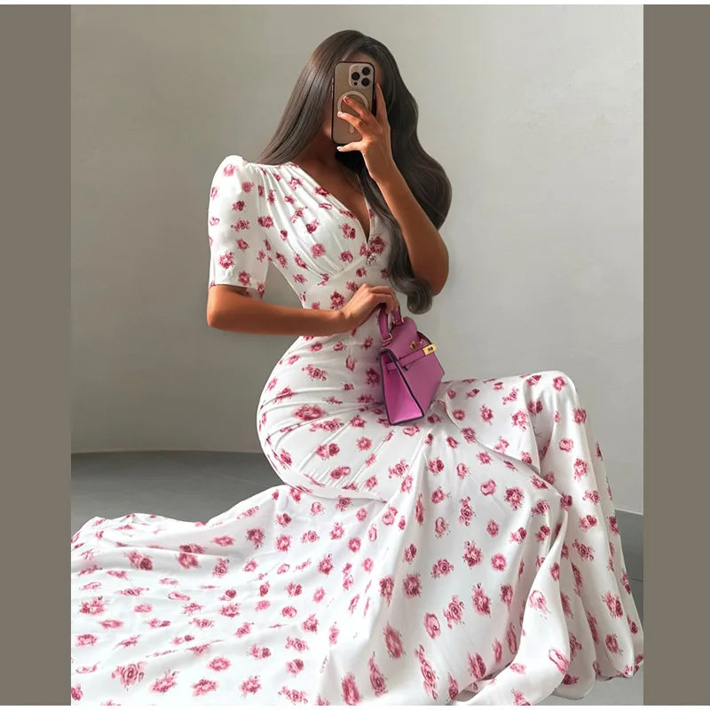 Slim Printed Waist-cinching Fishtail Dress 2026 Summer New Ladies Sexy V-neck Short Sleeve Split Long Robes Women's Party Gowns