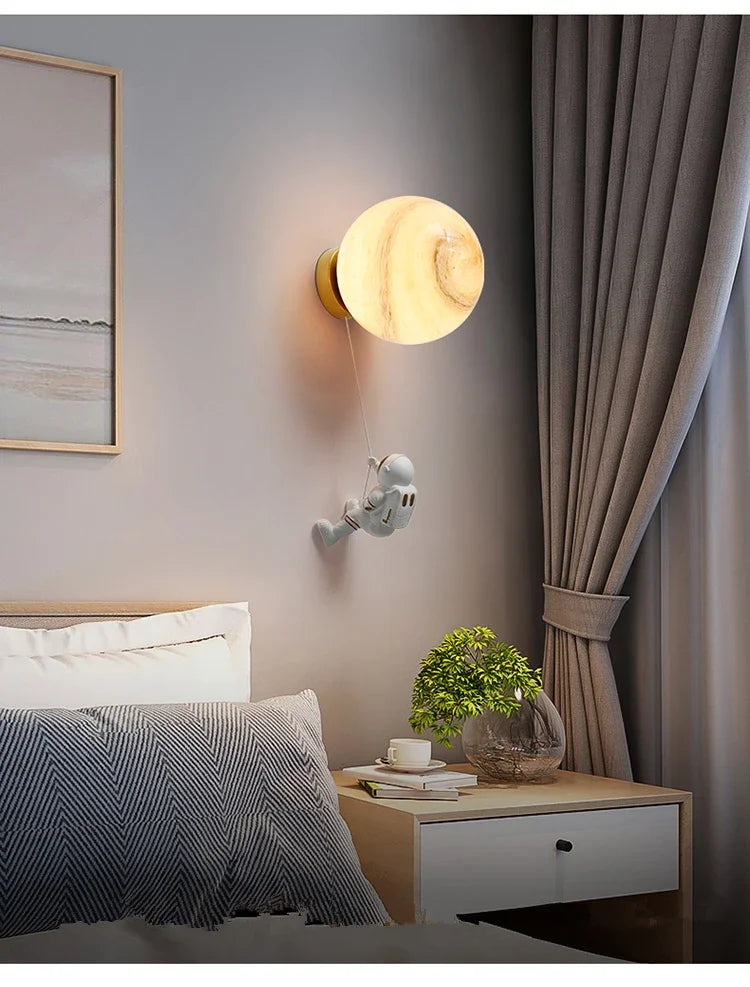 Modern Astronaut Wall Lamp Natural Alabaster Planet LED Sconce Kids Bedroom Astronaut Nursery Decor
