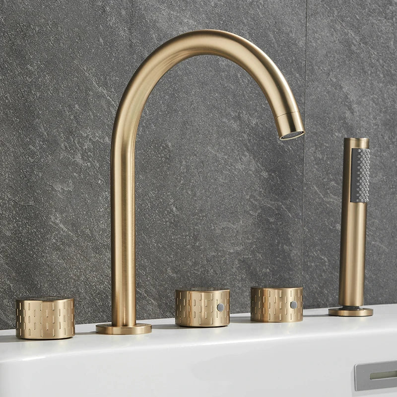 Gray Luxury Brass Deck-Mounted 5-Holes Bathroom Bath Tub Rotating Faucet Mixer Bathtub Basin Water Tap With Spray 3 Handles