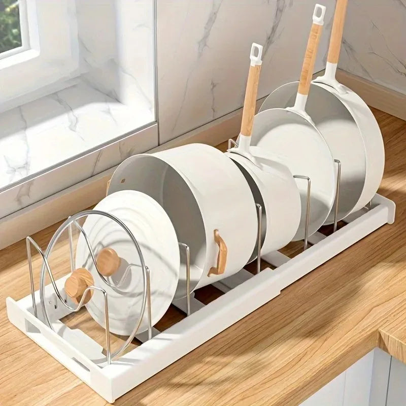 Expandable Kitchen Cabinet Pot Organizer - Adjustable Divider Rack, Multi-Use Storage Solution for Pots, Pans & Lids