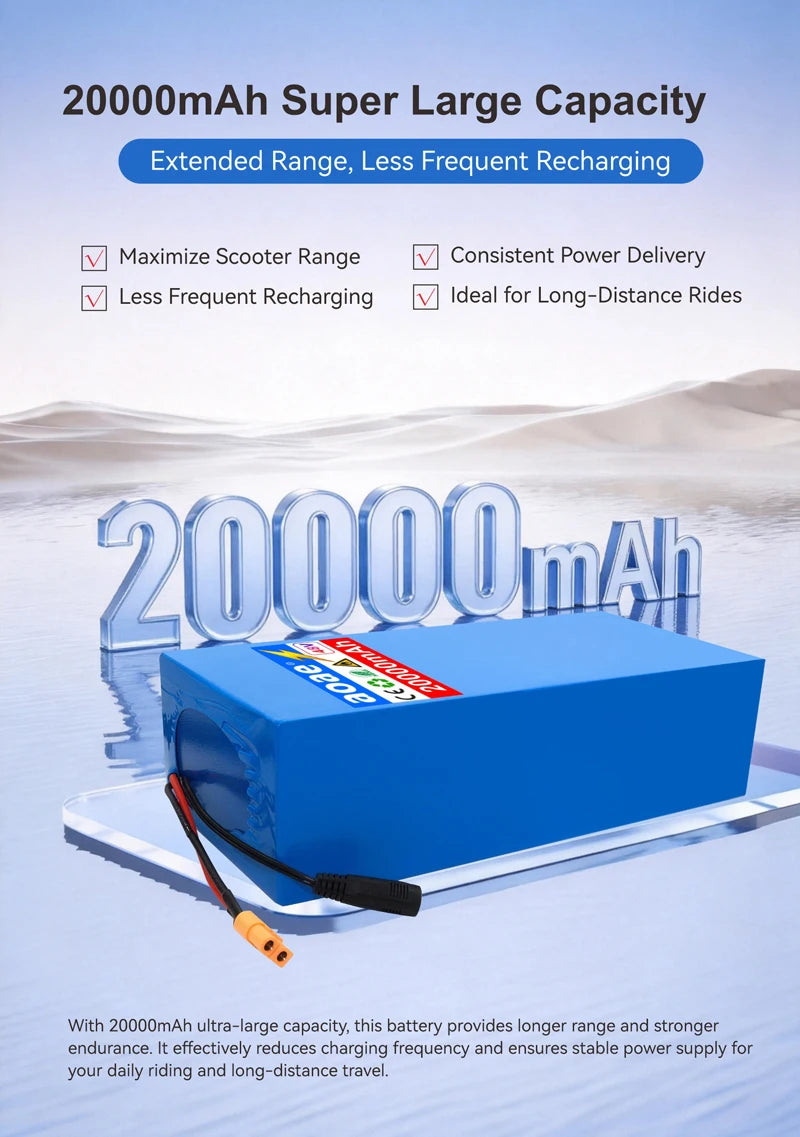 48V Electric Scooter Battery 13S5P 20Ah 18650 Grade-A Cells 2000W Built-in BMS XT60 JST High Capacity Long Range Safe & Durable