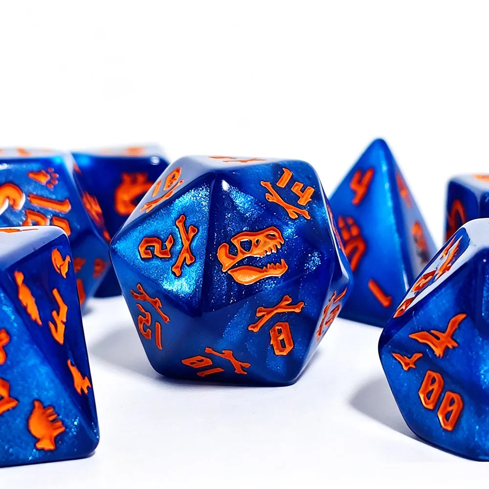 7Pcs Jurassic Ocean Blue Dinosaur Engraved Dice Set, Polyhedral Acrylic DND Dice for TTRPG RPG Board Games & Role Playing
