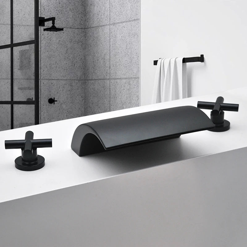 3PCS Bathroom Bathtub Faucet Basin Faucet Deck Mounted  Spa Tub Mixer Tap Cold Hot Mixer Waterfall  Matte Black or Gold Color