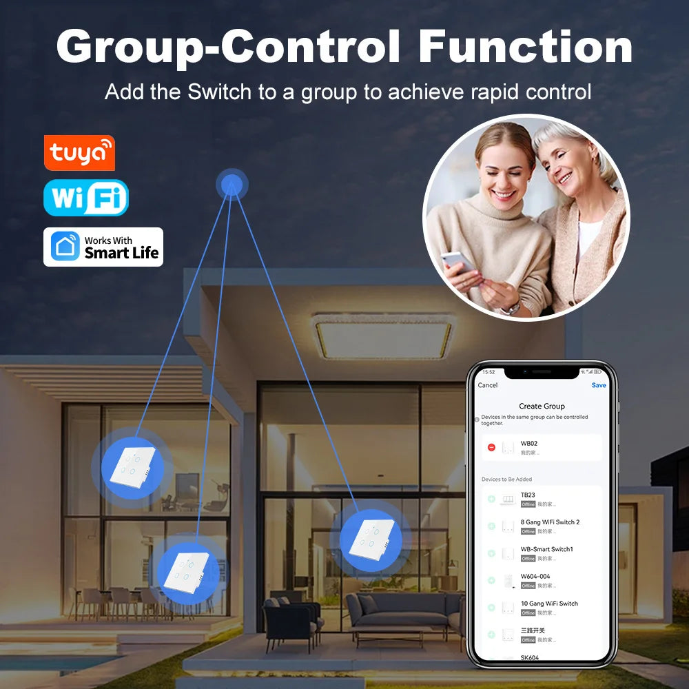 Smart EU Touch Sensor Switch Switches LED Crystal Glass Panel Wall Lamp Light Switch 1/2/3/4Gang No Neutral Wire APP Control