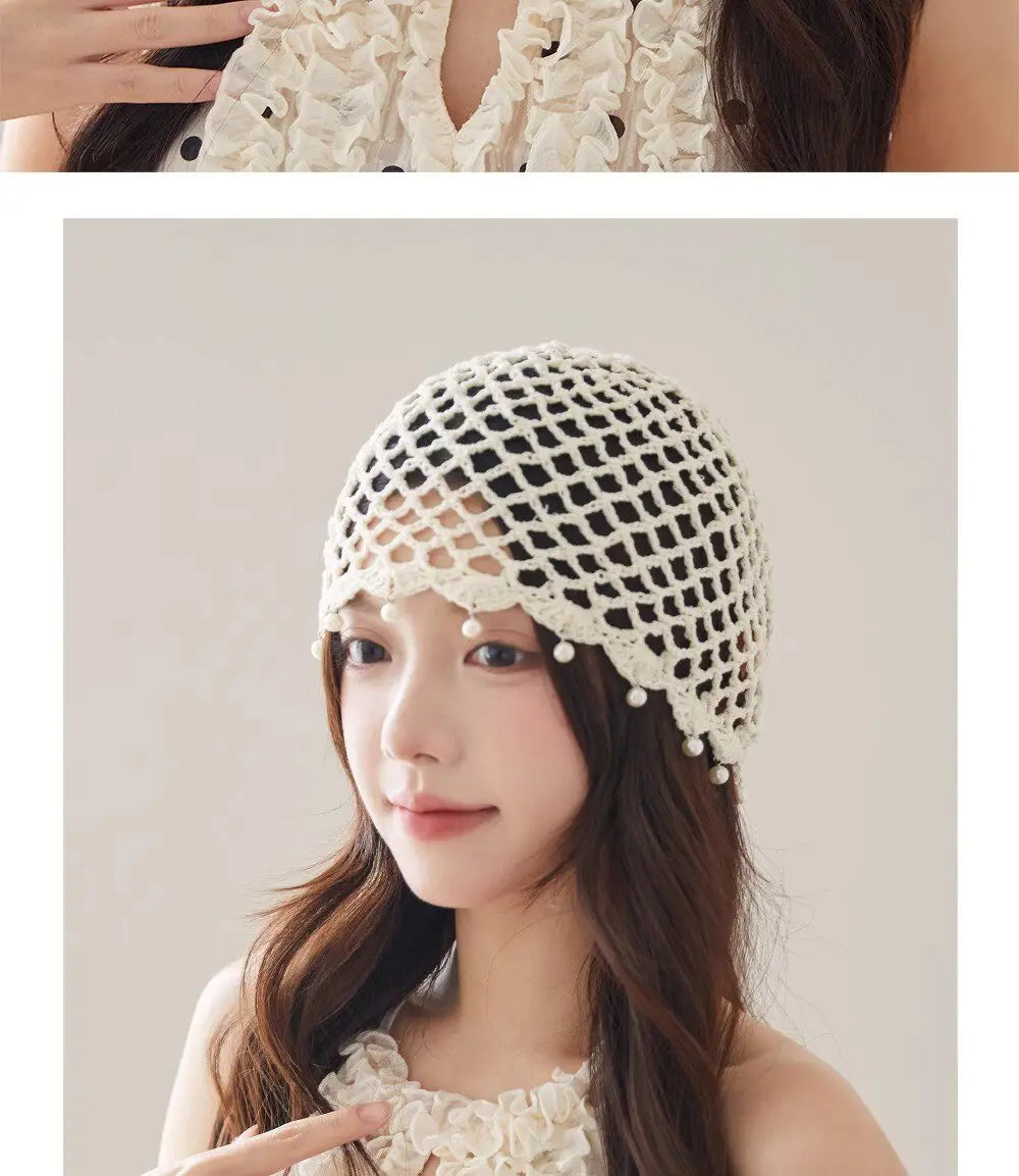Fashion Hollowed Out Woven Pullover Hats Crochet Breathable Beret Cap Pearl Fringed Retro Beanies Cap for Women Summer Korean